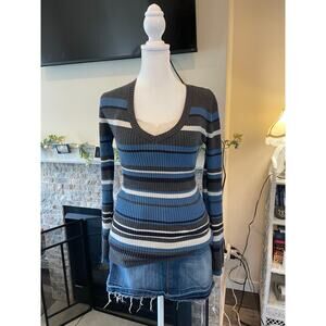 blue and grey y2k stripe ribbed v neck sweater